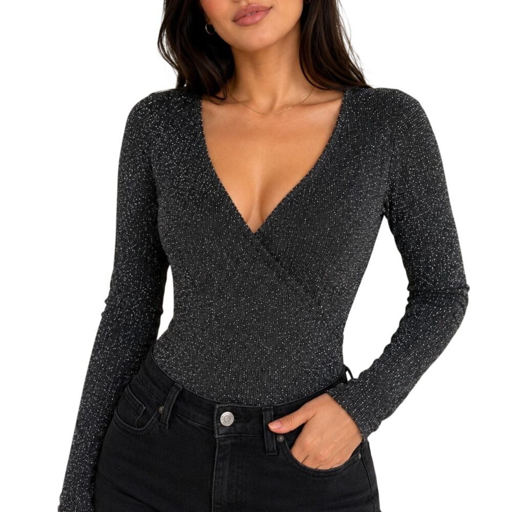 F21 Black Metallic Shimmer Bodysuit L Downtown Girl Disco Party Night Out